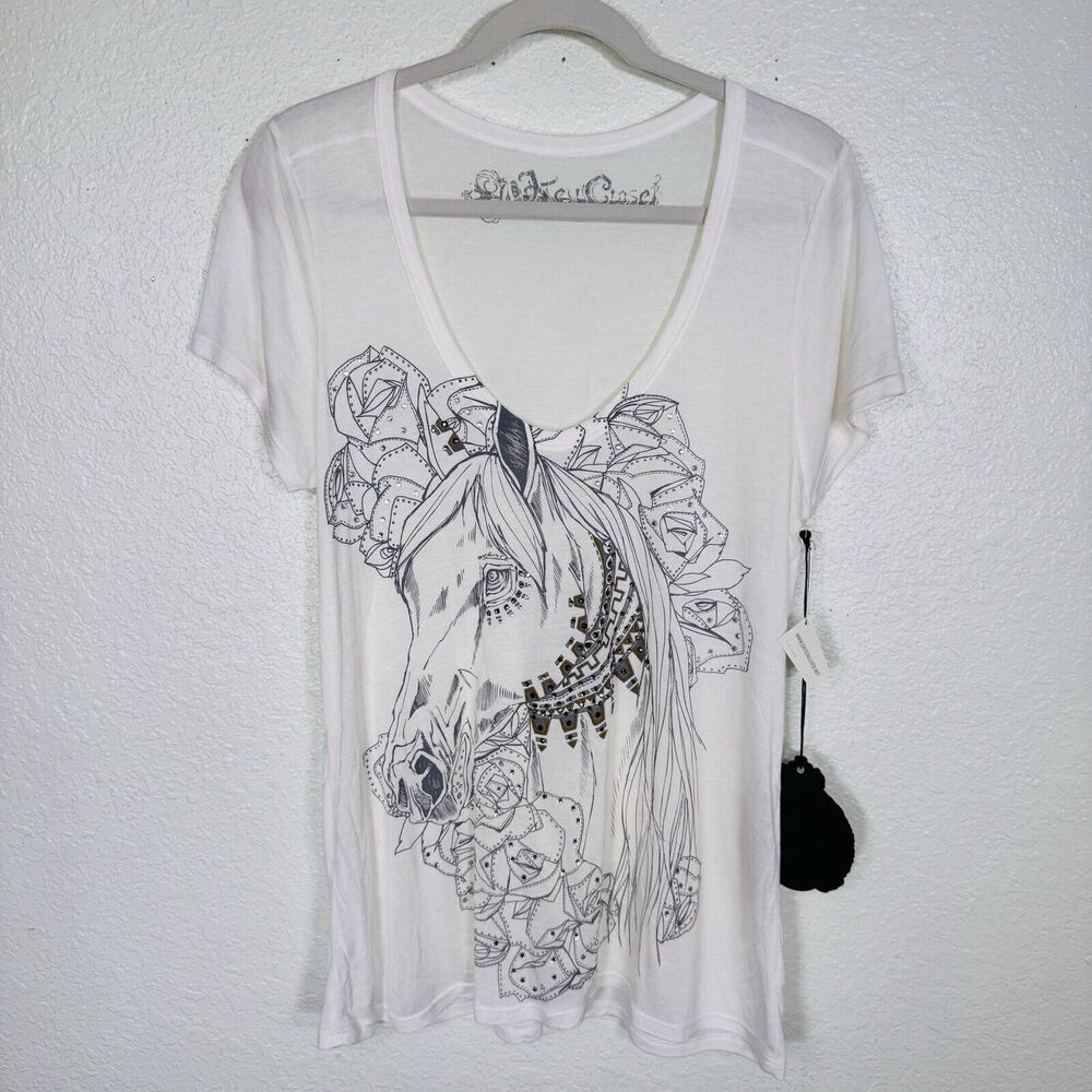 Key Closet Top Womens Medium Horse Rose Swarovski Crystal Tee Equestrian Y2K NEW
